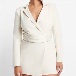 Chic V-Neck Padded Shoulder Wrap Belt Romper - Bridal Elegance!